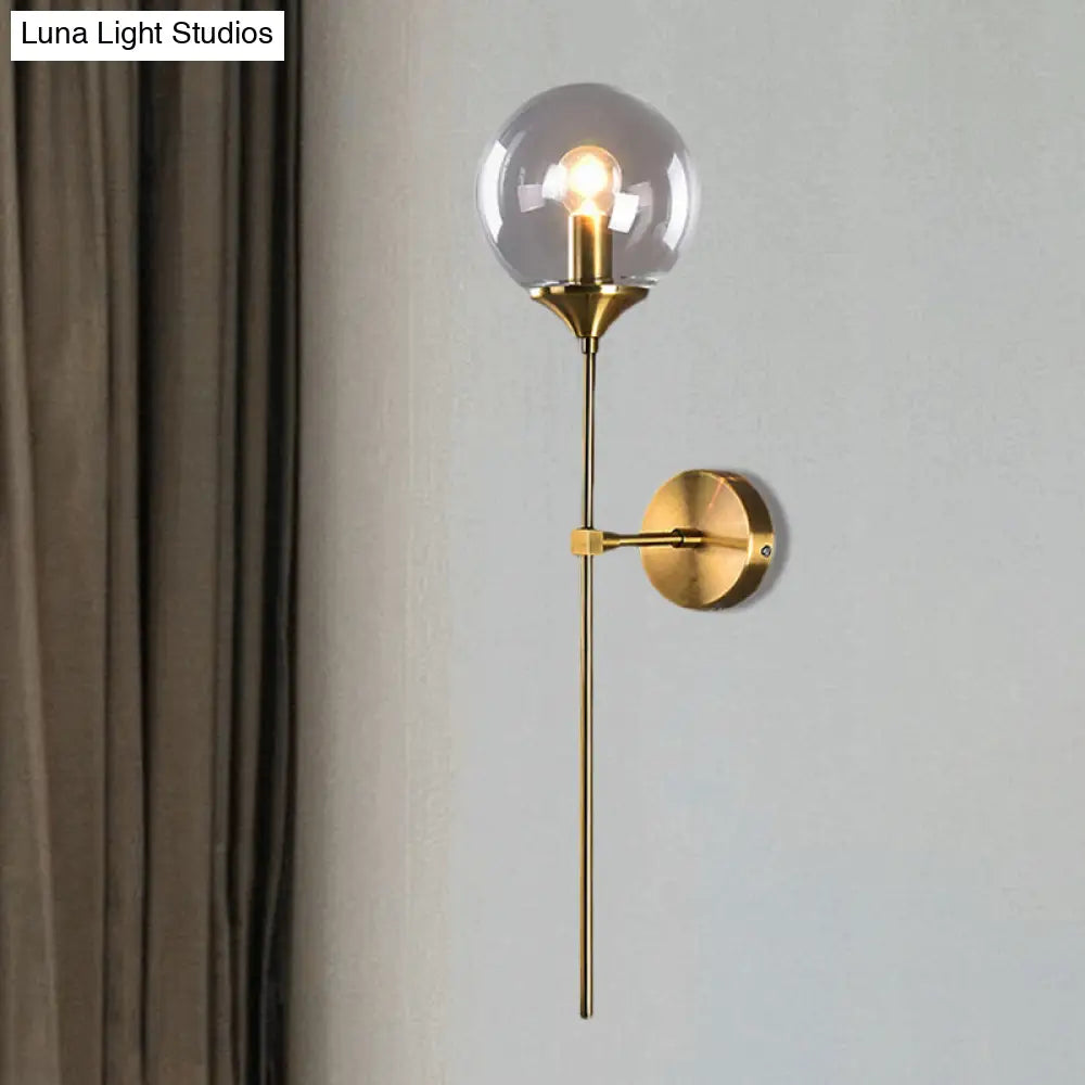 Brass Globe Shade Wall Sconce - Modern Single Bulb Clear/Grey/Amber Glass Light For Bedroom