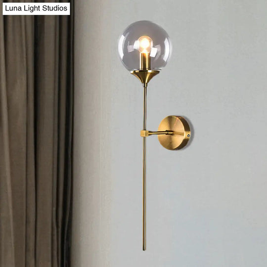 Brass Globe Shade Wall Sconce - Modern Single Bulb Clear/Grey/Amber Glass Light For Bedroom