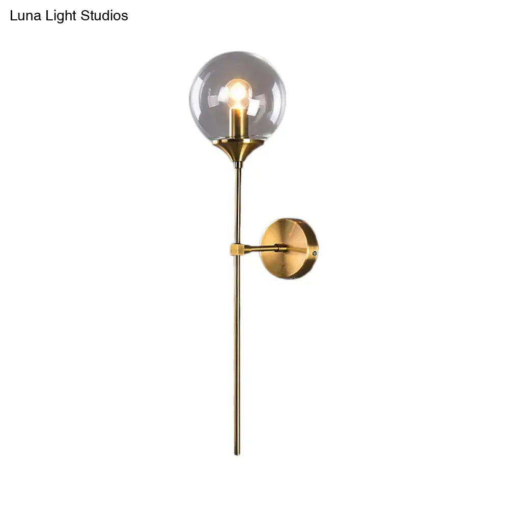 Brass Globe Shade Wall Sconce - Modern Single Bulb Clear/Grey/Amber Glass Light For Bedroom