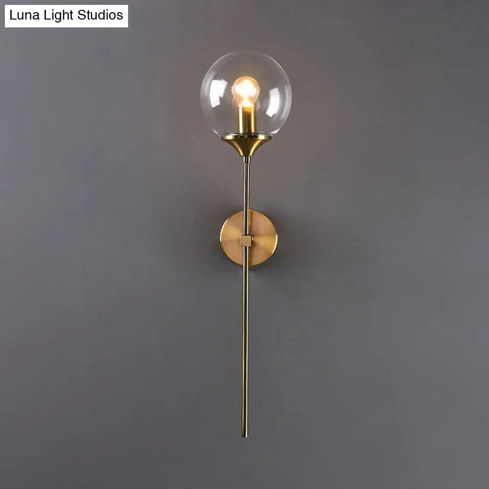 Brass Globe Shade Wall Sconce - Modern Single Bulb Clear/Grey/Amber Glass Light For Bedroom