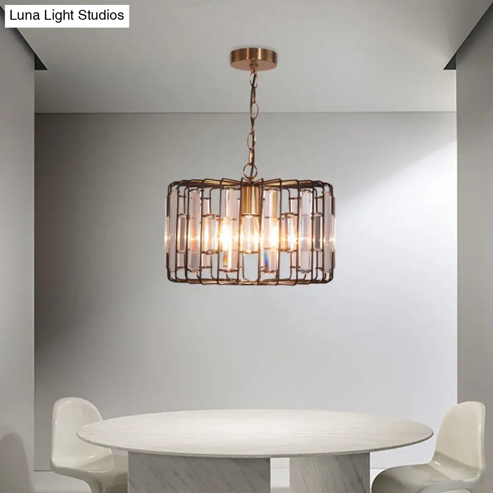 Brass Hanging Light Drum Cage - Crystal Embedded 11/13 Wide 1-Light Rustic Ceiling Pendant For