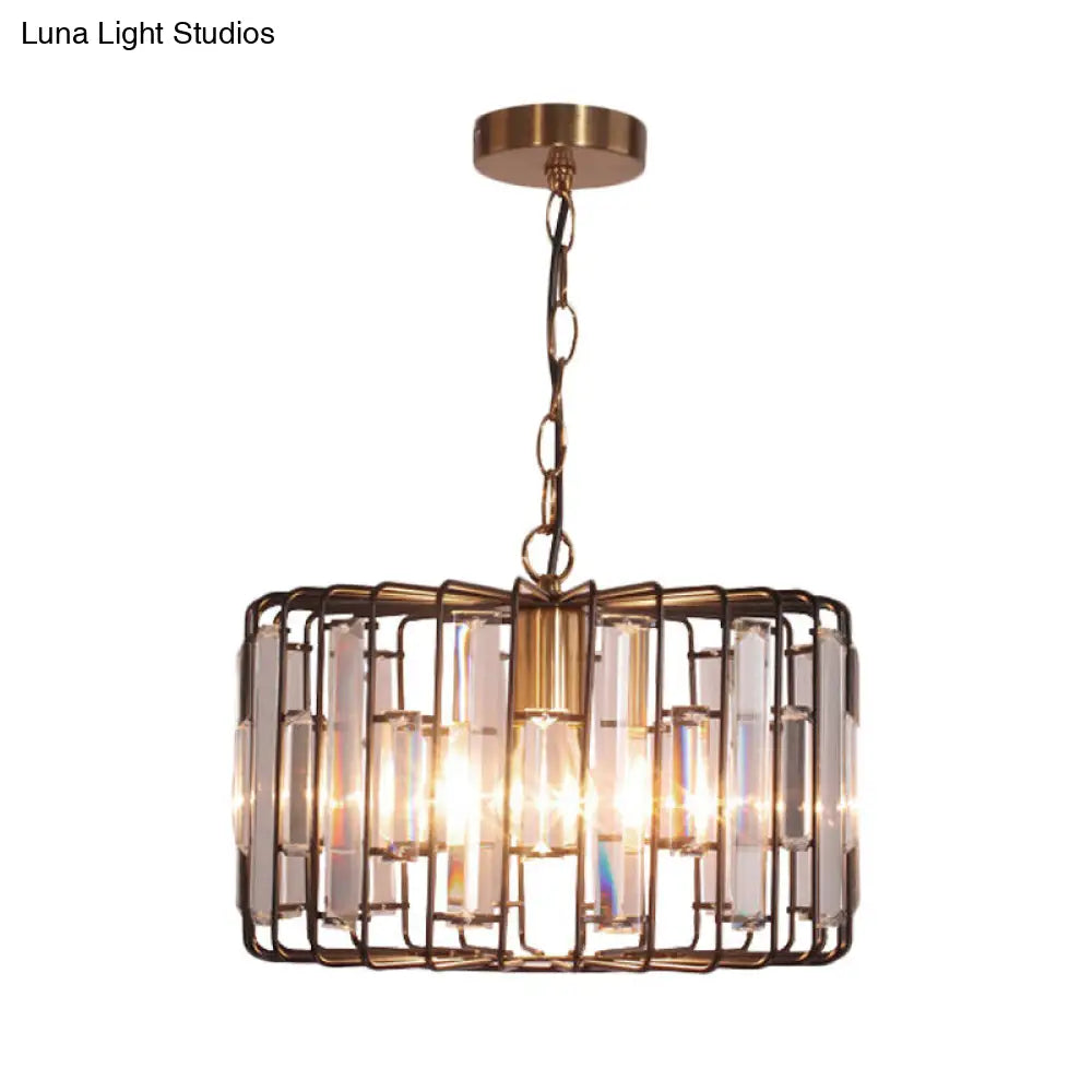 Brass Hanging Light Drum Cage - Crystal Embedded 11/13 Wide 1-Light Rustic Ceiling Pendant For