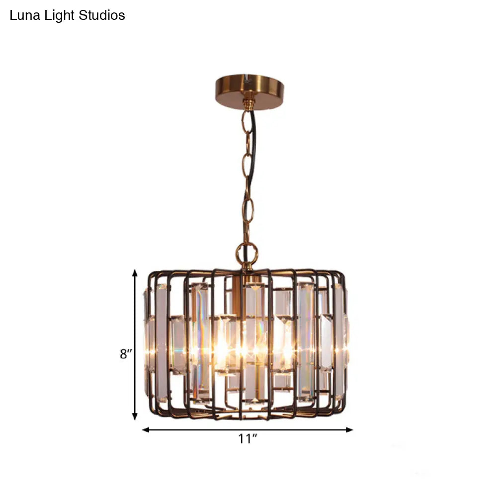 Brass Hanging Light Drum Cage - Crystal Embedded 11/13 Wide 1-Light Rustic Ceiling Pendant For