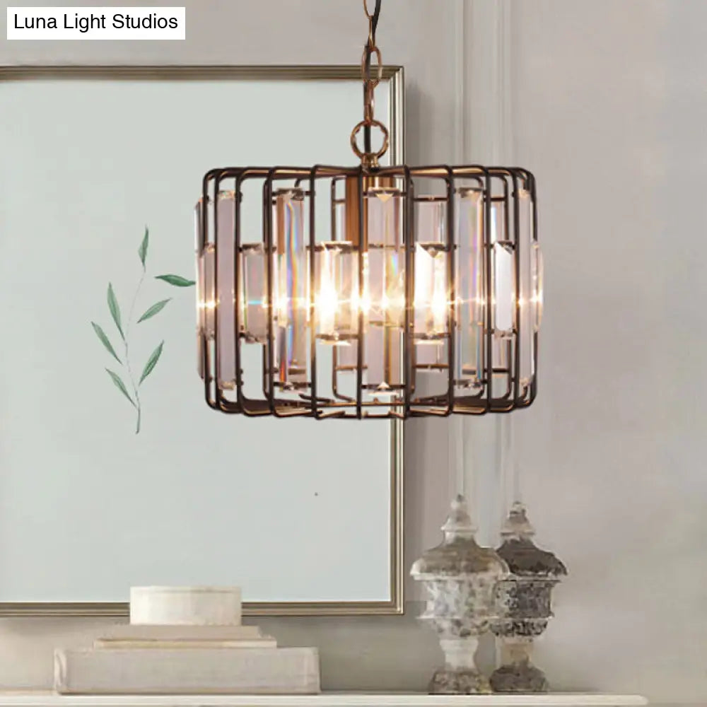 Brass Hanging Light Drum Cage - Crystal Embedded 11/13 Wide 1-Light Rustic Ceiling Pendant For