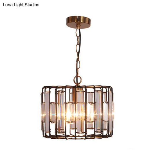 Brass Hanging Light Drum Cage - Crystal Embedded 11/13 Wide 1-Light Rustic Ceiling Pendant For