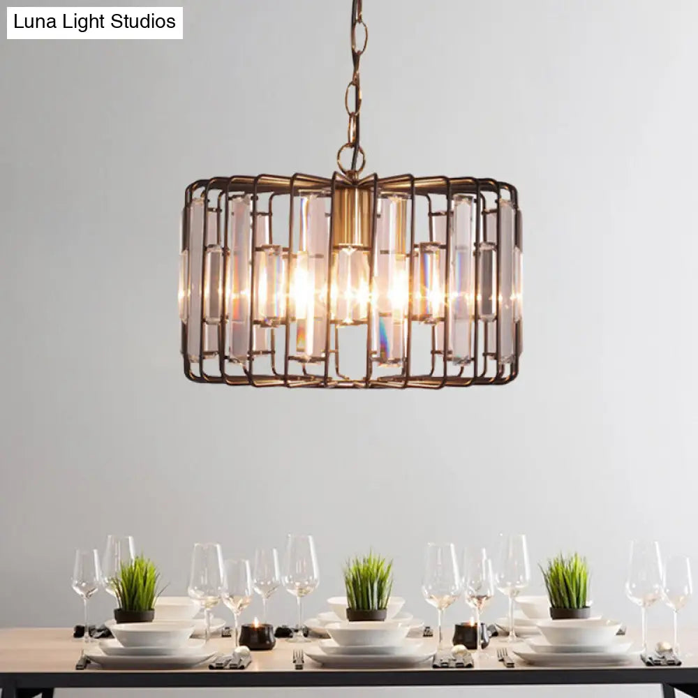 Brass Hanging Light Drum Cage - Crystal Embedded 11/13 Wide 1-Light Rustic Ceiling Pendant For