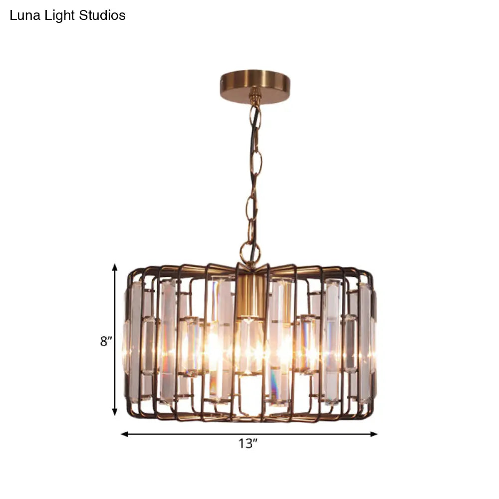 Brass Hanging Light Drum Cage - Crystal Embedded 11/13 Wide 1-Light Rustic Ceiling Pendant For