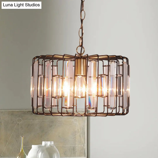 Brass Hanging Light Drum Cage - Crystal Embedded 11/13 Wide 1-Light Rustic Ceiling Pendant For