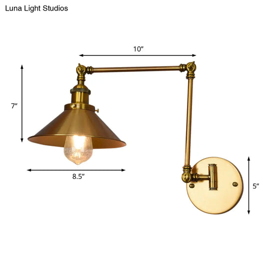 Brass Indoor Sconce Lighting Fixture With Cone Shade - Single Bulb Wall Light