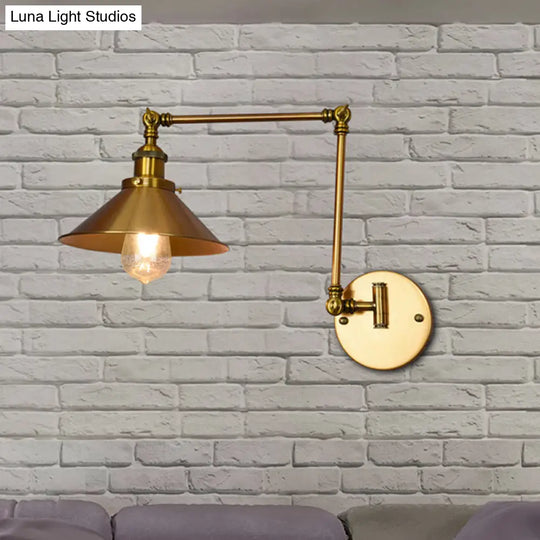 Brass Indoor Sconce Lighting Fixture With Cone Shade - Single Bulb Wall Light