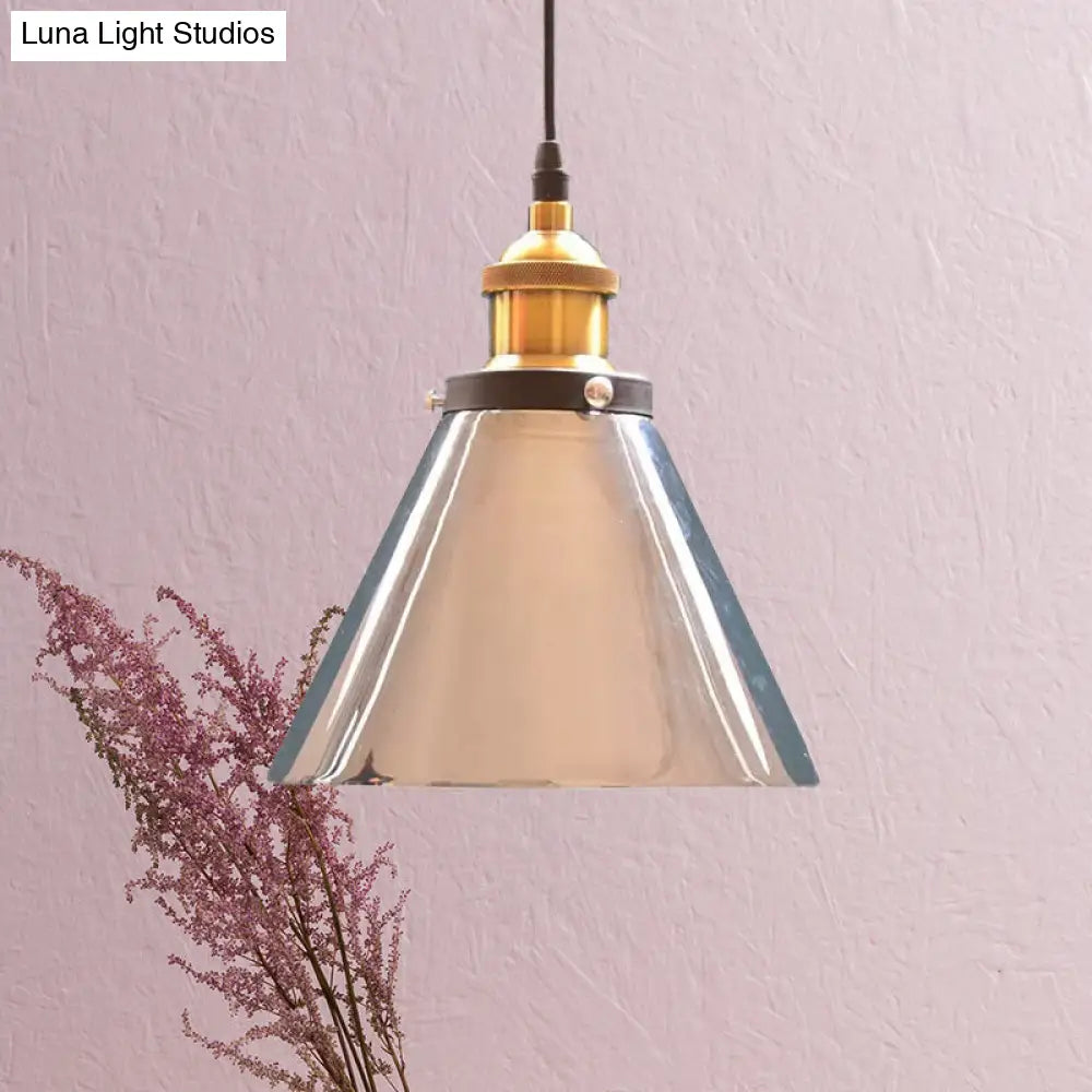 Grey Glass Cone Pendant Light Fixture In Brass For Living Room: Industrial Single Hanging Lamp