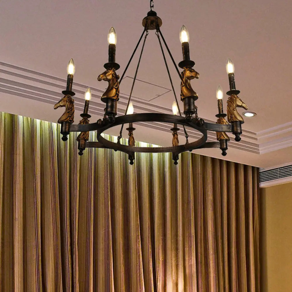 Brass Industrial Wagon Wheel Chandelier With 8 Lights - Perfect For Dining Room