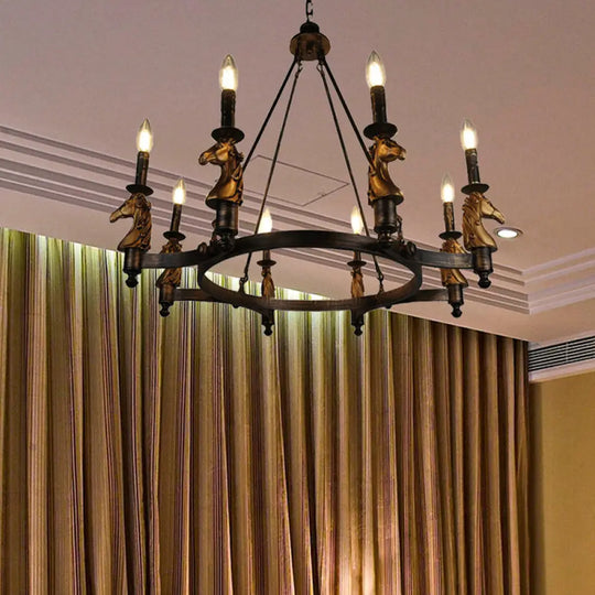 Brass Industrial Wagon Wheel Chandelier With 8 Lights - Perfect For Dining Room