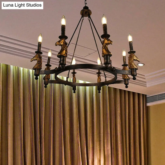 Brass Industrial Wagon Wheel Chandelier With 8 Lights - Pendant Lighting For Dining Room