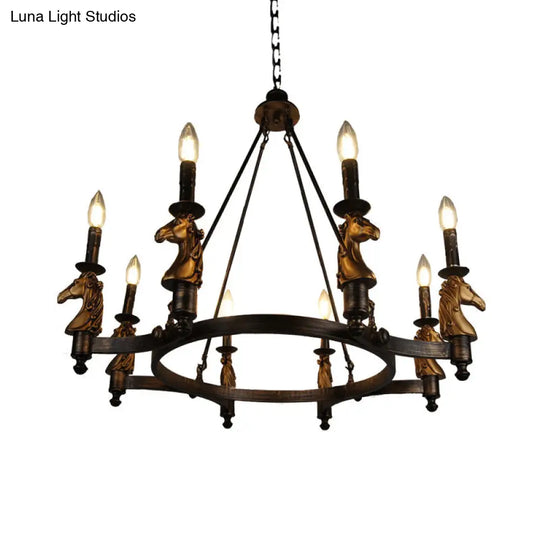 Brass Industrial Wagon Wheel Chandelier With 8 Lights - Perfect For Dining Room