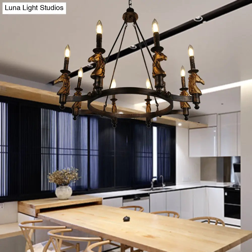 Brass Industrial Wagon Wheel Chandelier With 8 Lights - Pendant Lighting For Dining Room