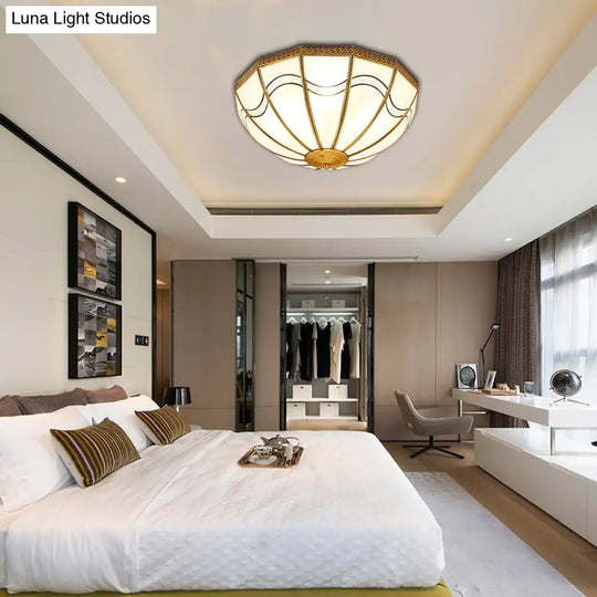 Brass Inverted Flush Ceiling Lamp With Milky Glass 4 Lights And Wave Pattern - Ideal For Bedrooms