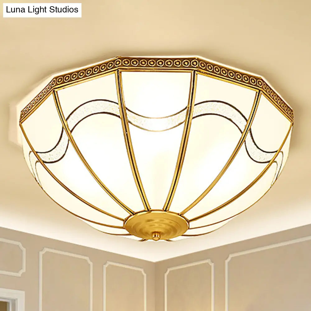 Brass Inverted Flush Ceiling Lamp With Milky Glass 4 Lights And Wave Pattern - Ideal For Bedrooms