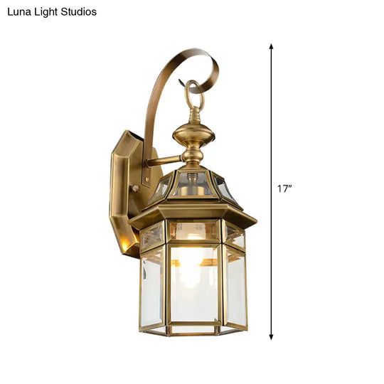 Brass Lantern Wall Lamp With Clear Glass Pane For Outdoor Lighting