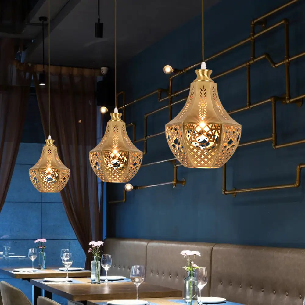 Brass Laser Cut Ceiling Light With Suspended Decorative Metal Fixture For 1 Bulb