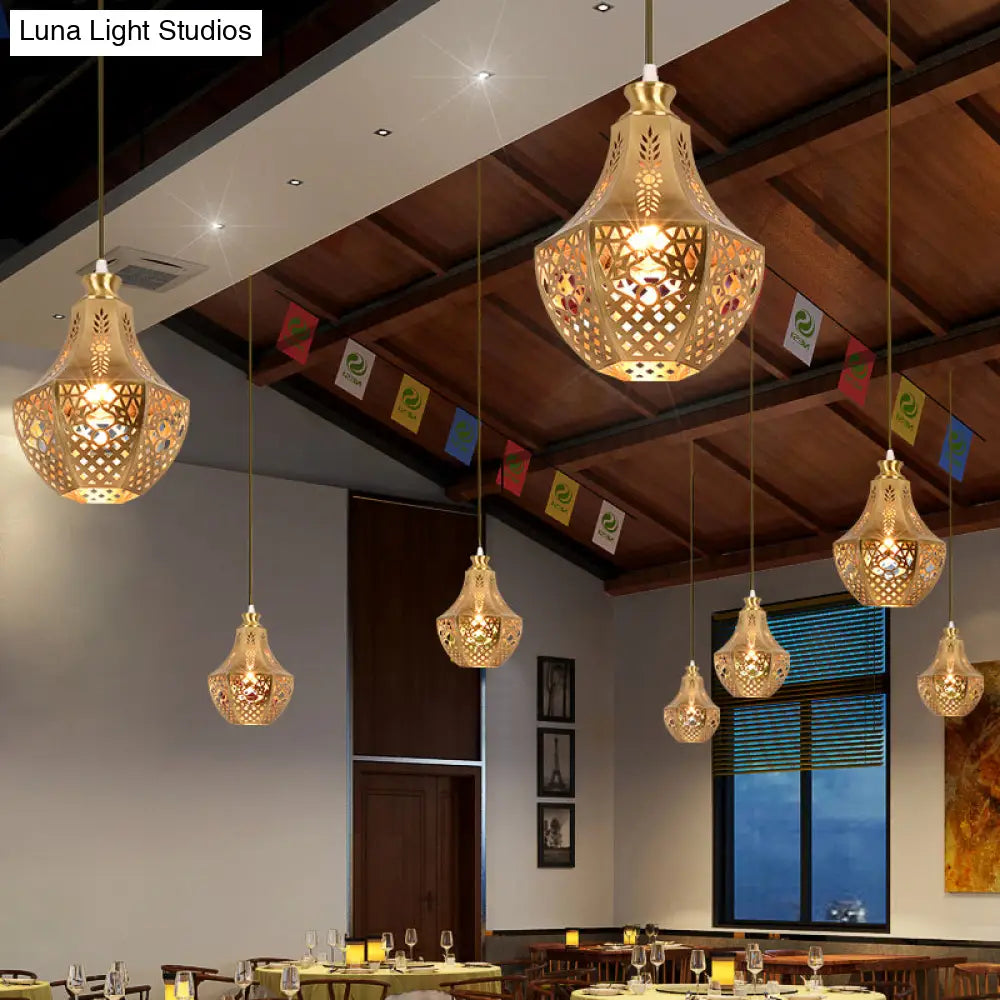 Brass Laser Cut Ceiling Light With Suspended Decorative Metal Fixture For 1 Bulb