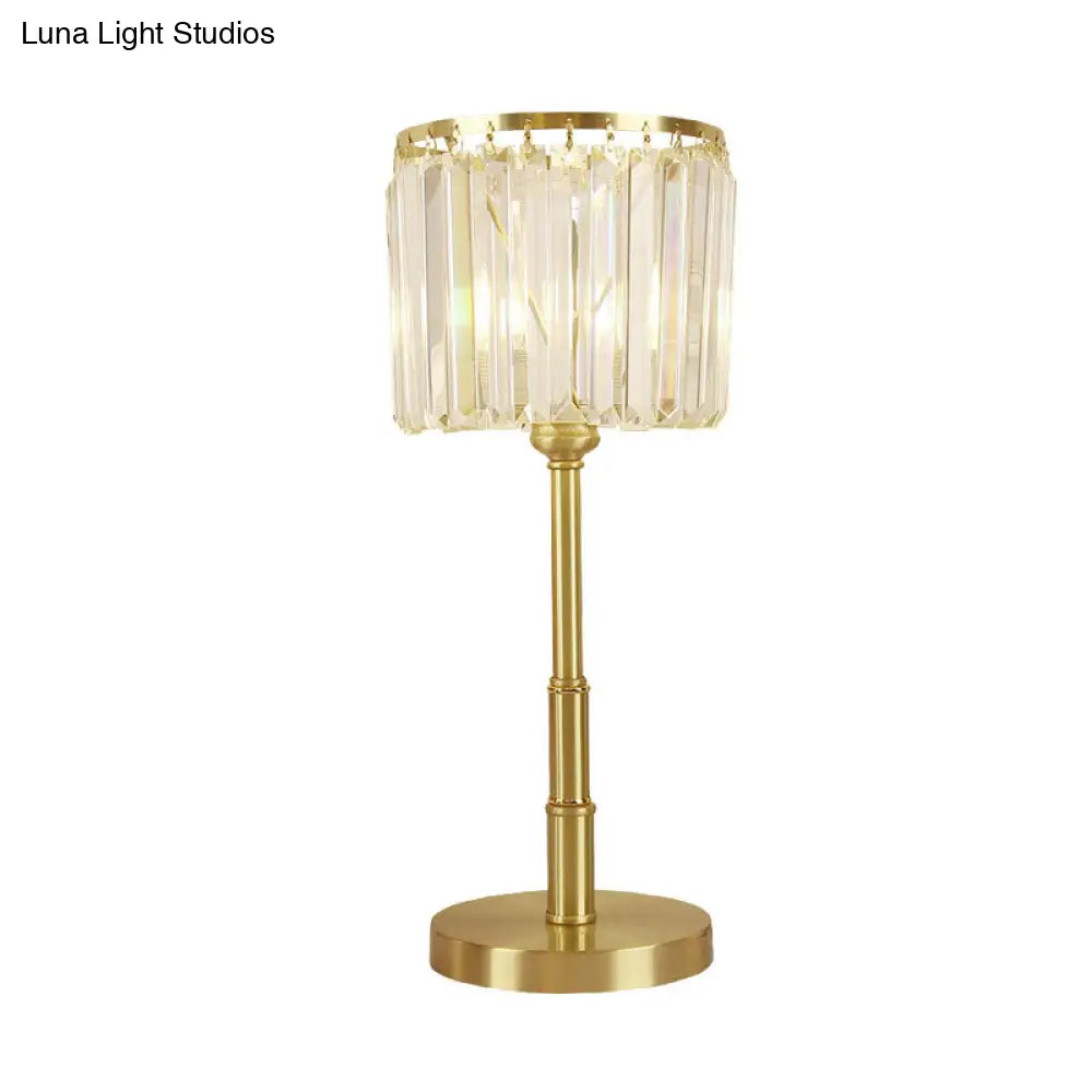 Brass Led Clear Glass Nightstand Lamp: Stylish Cylindrical Table Light For Dining Room