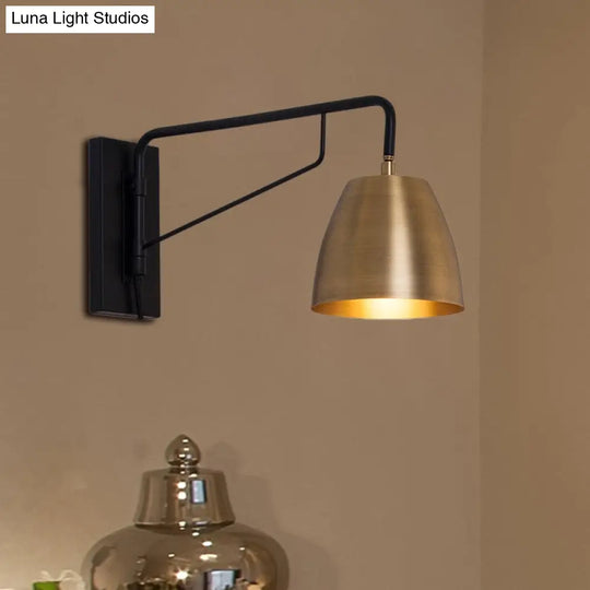 Brass Loft Style Wall Sconce With Metallic Barrel Shade - 1 Light Angle Arm Lighting For Bedroom