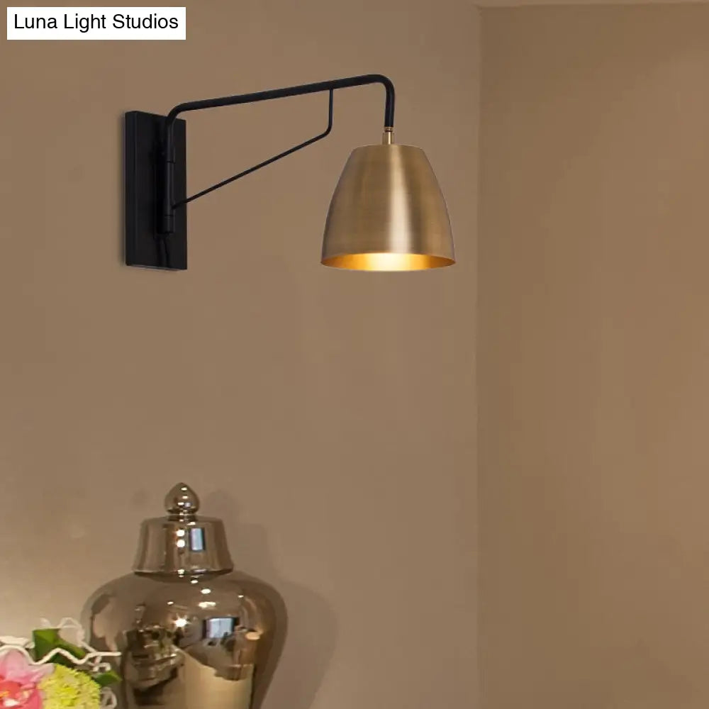 Brass Loft Style Wall Sconce With Metallic Barrel Shade - 1 Light Angle Arm Lighting For Bedroom