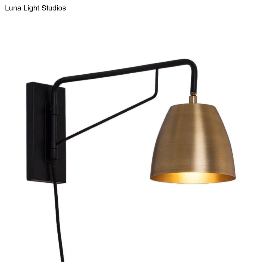 Brass Loft Style Wall Sconce With Metallic Barrel Shade - 1 Light Angle Arm Lighting For Bedroom