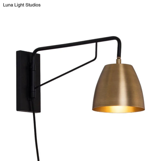 Brass Loft Style Wall Sconce With Metallic Barrel Shade - 1 Light Angle Arm Lighting For Bedroom