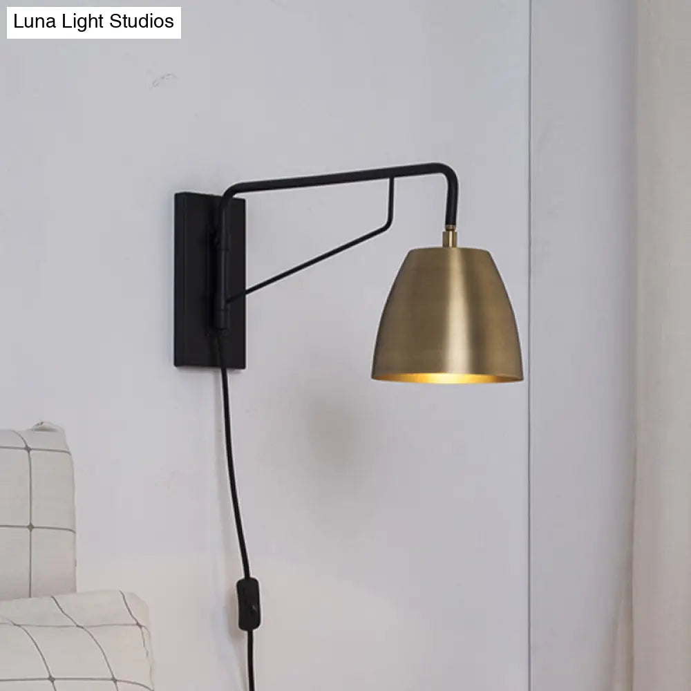 Brass Loft Style Wall Sconce With Metallic Barrel Shade - 1 Light Angle Arm Lighting For Bedroom