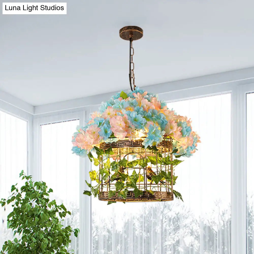 Metal Industrial Bird Cage Pendant Light With Led Bulb Brass Finish And Flower Decor
