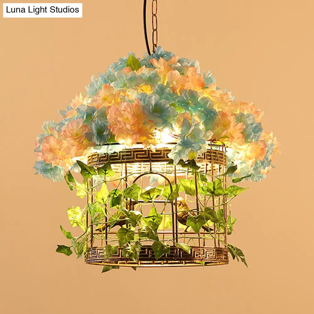 Brass Metal Birdcage Pendant Light With Flower Decor - Industrial Hanging Lamp Led Bulb