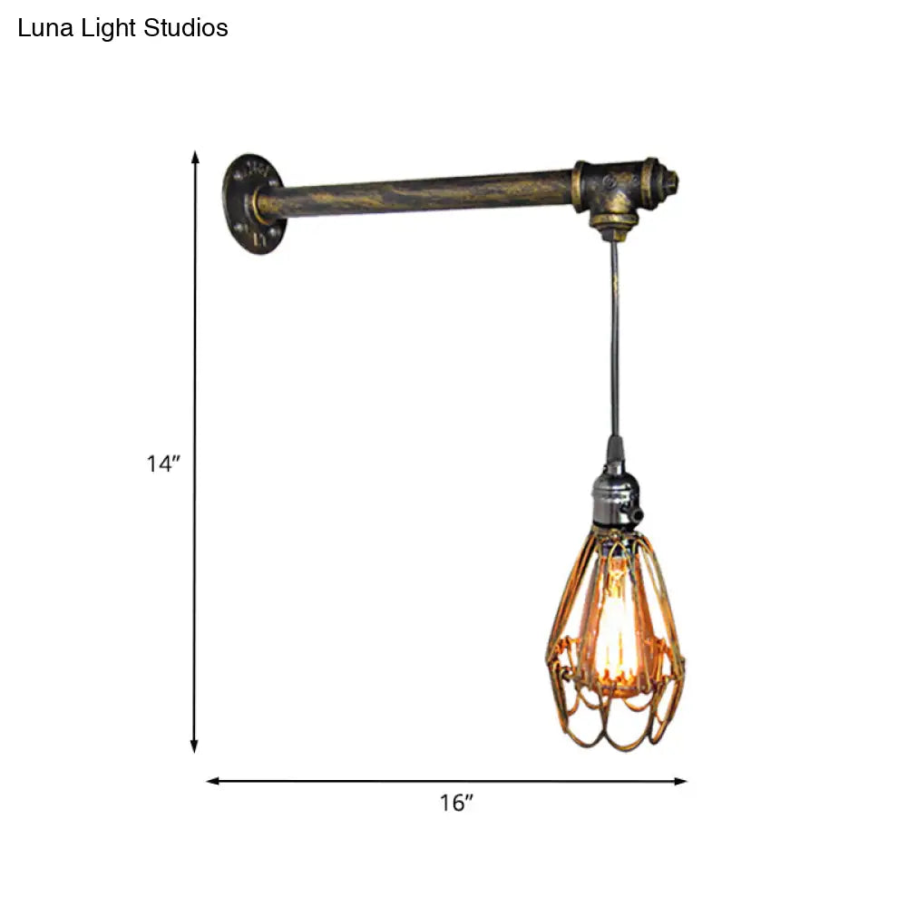 Brass Metal Caged Wall Sconce Lamp - Industrial Pipe Light For Restaurants 1 Bulb Mount