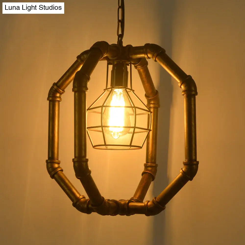 Brass Metal Dual Cage Pendant Light - Industrial Style For Dining Room 1 Bulb Ceiling Hanging
