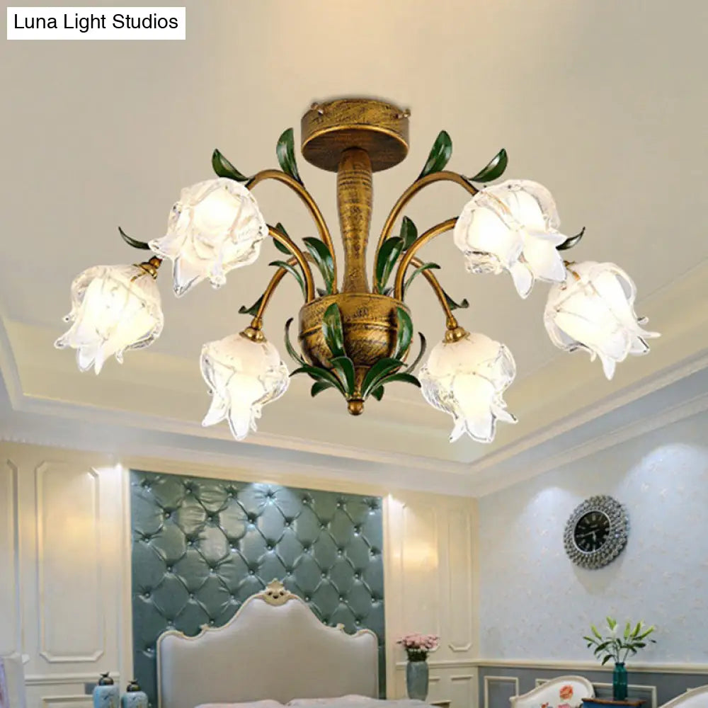 Brass Metal Led Ceiling Light: Countryside Flower Style 6/8/10 Bulbs Semi Flush Mount For Bedroom