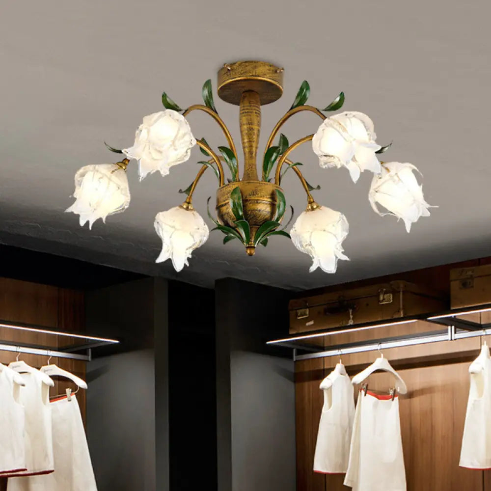Brass Metal Led Ceiling Light: Countryside Flower Style 6/8/10 Bulbs Semi Flush Mount For Bedroom 6