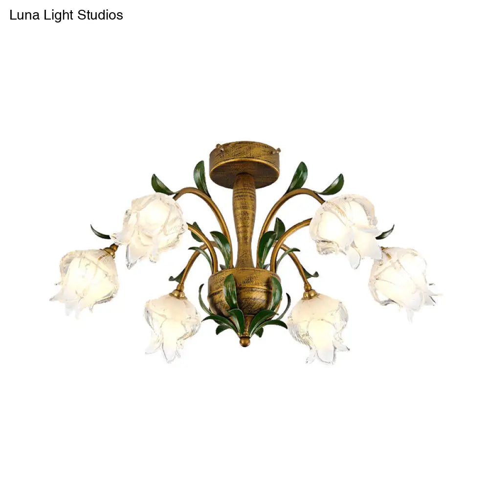 Brass Metal Led Ceiling Light: Countryside Flower Style 6/8/10 Bulbs Semi Flush Mount For Bedroom