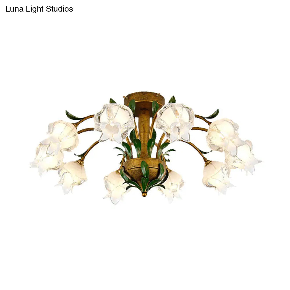 Brass Metal Led Ceiling Light: Countryside Flower Style 6/8/10 Bulbs Semi Flush Mount For Bedroom