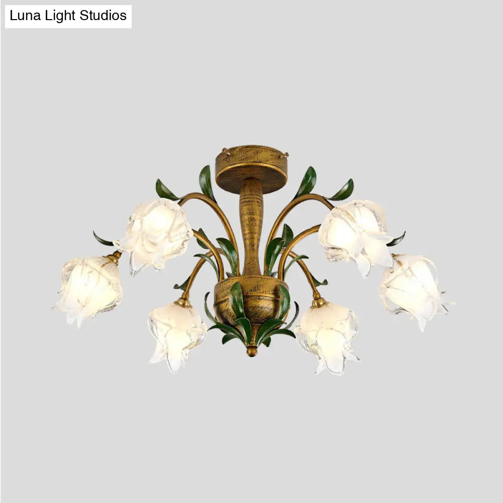 Brass Metal Led Ceiling Light: Countryside Flower Style 6/8/10 Bulbs Semi Flush Mount For Bedroom