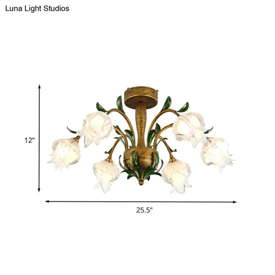 Brass Metal Led Ceiling Light: Countryside Flower Style 6/8/10 Bulbs Semi Flush Mount For Bedroom