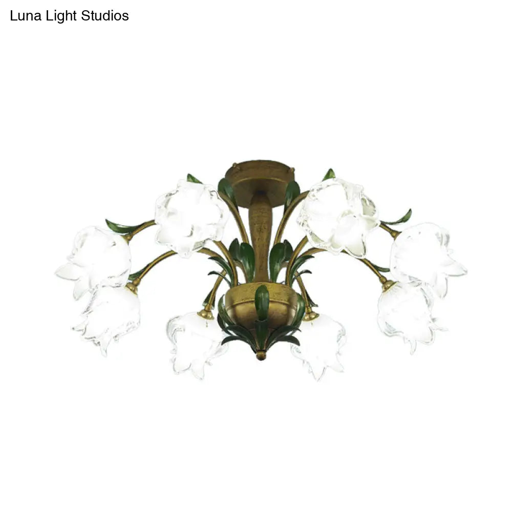 Brass Metal Led Ceiling Light: Countryside Flower Style 6/8/10 Bulbs Semi Flush Mount For Bedroom