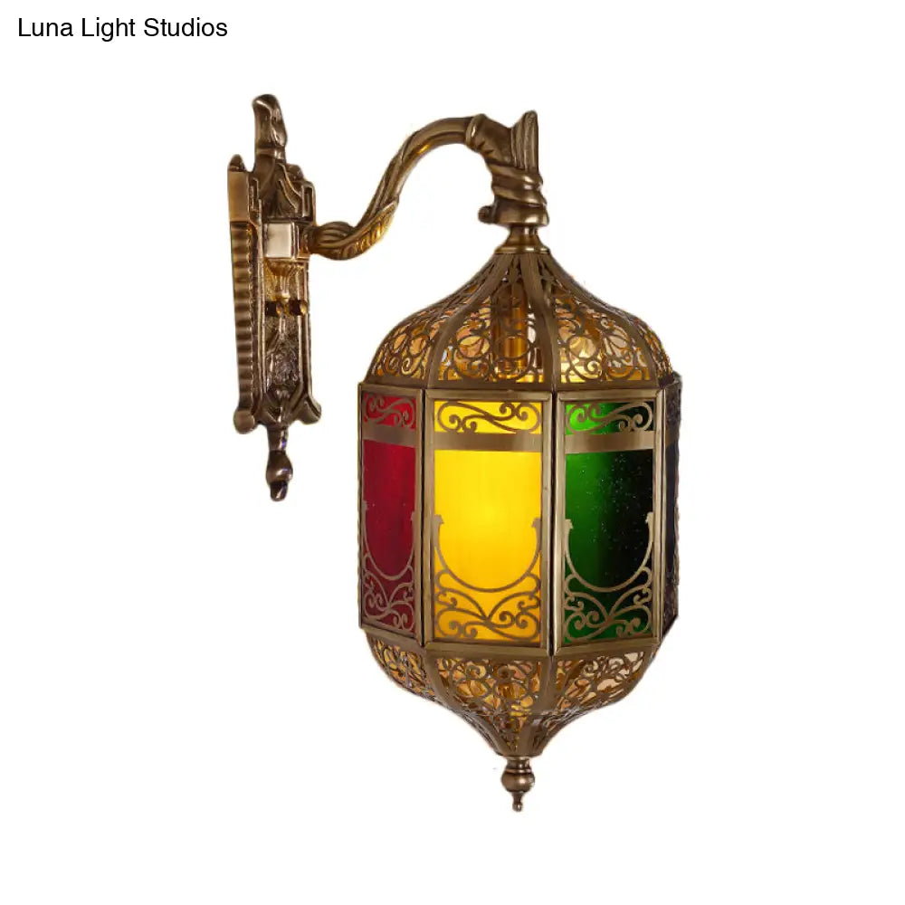 Brass Metal Sconce Wall Lamp With Curved Arm - Head Lantern Inspired Decorative Light Fixture