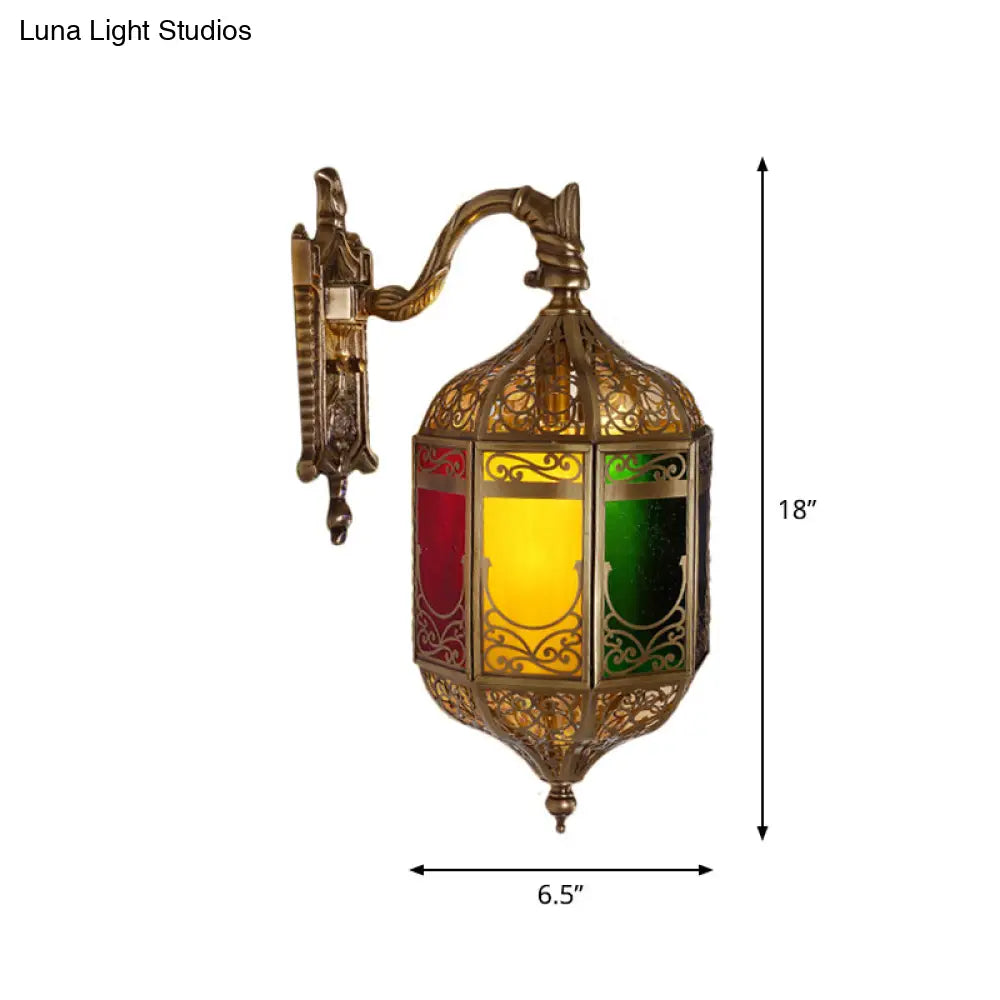 Brass Metal Sconce Wall Lamp With Curved Arm - Head Lantern Inspired Decorative Light Fixture