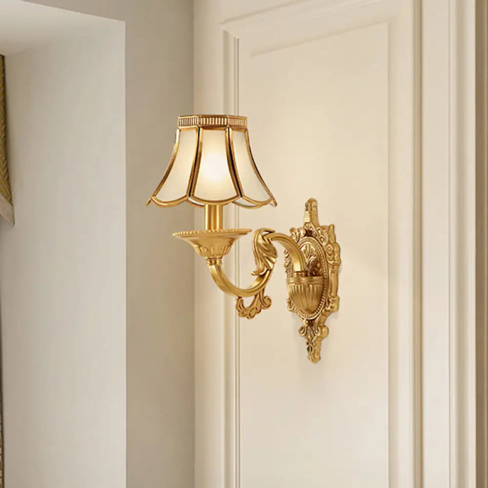 Brass Metal Wall Sconce Light Fixture For Living Room - Traditional Scalloped Design Half-Bulb Ideal