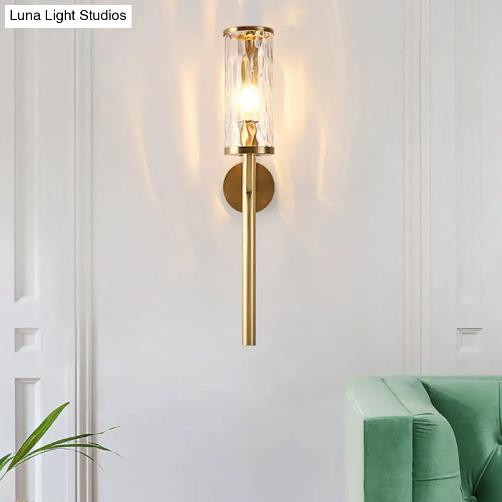 Brass Modernist Cylinder Sconce Light Fixture With Clear Water Glass - Corner Wall Lamp (1 Light)