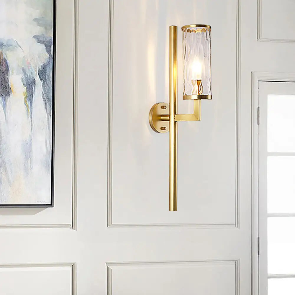 Brass Modernist Cylinder Sconce Light Fixture With Clear Water Glass - Corner Wall Lamp (1 Light)