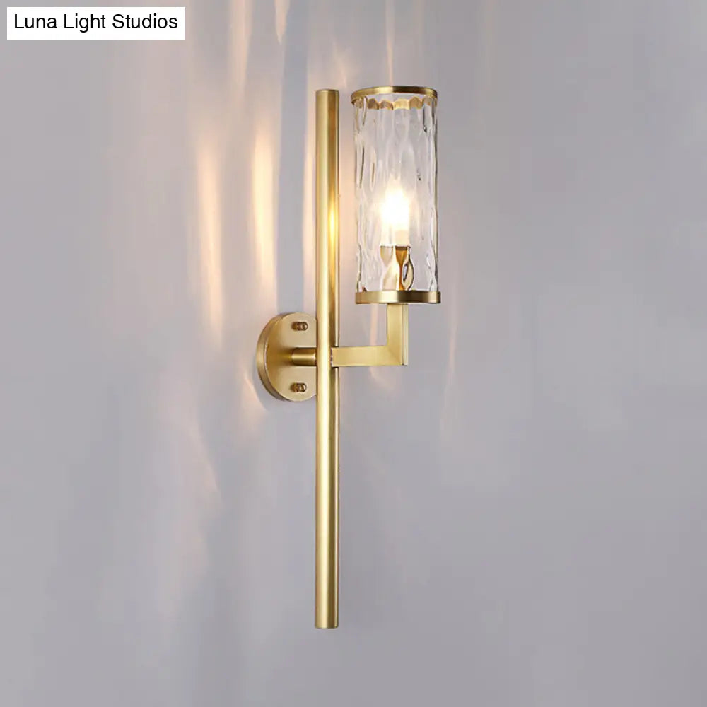 Brass Modernist Cylinder Sconce Light Fixture With Clear Water Glass - Corner Wall Lamp (1 Light)