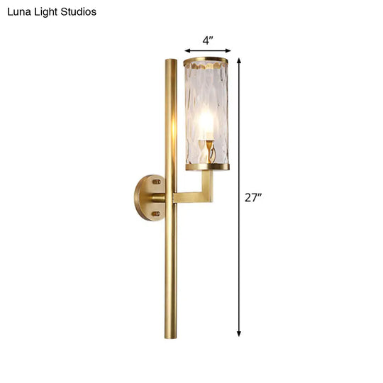 Brass Modernist Cylinder Sconce Light Fixture With Clear Water Glass - Corner Wall Lamp (1 Light)