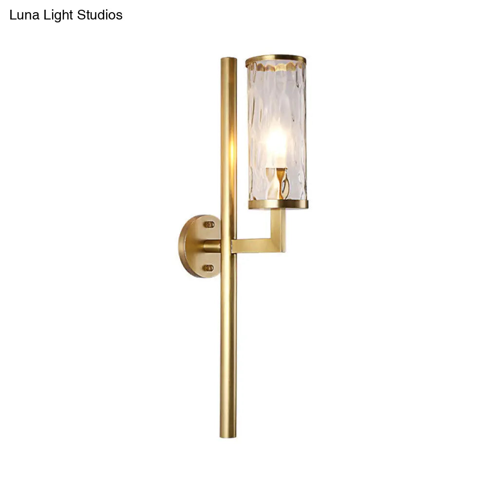 Brass Modernist Cylinder Sconce Light Fixture With Clear Water Glass - Corner Wall Lamp (1 Light)